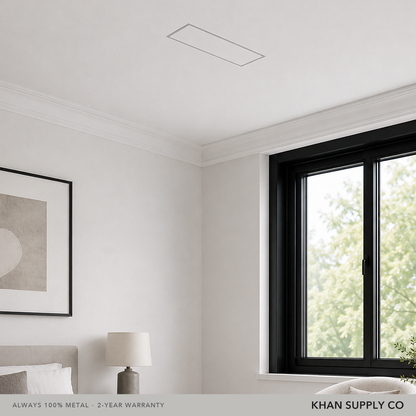 Flush metal wall vent installed in a ceiling for a near-invisible finish — Khan Supply CO