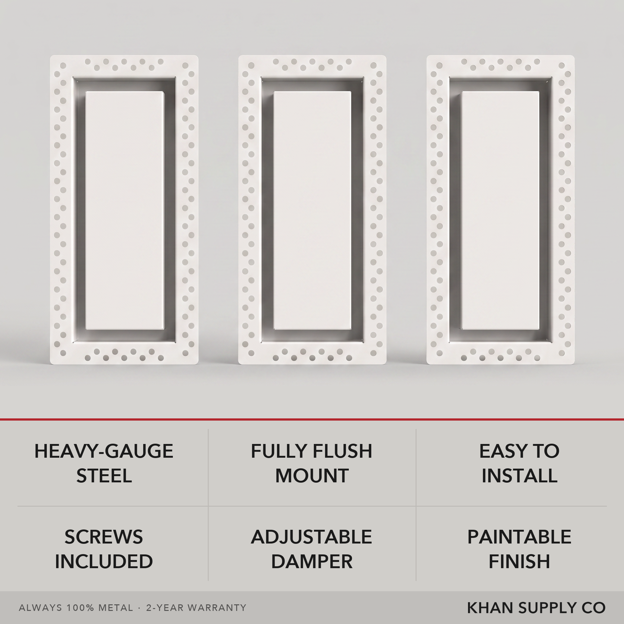 Flush wall vent features — heavy-gauge steel, fully flush mount, easy to install, screws included, adjustable damper, paintable finish — Khan Supply CO