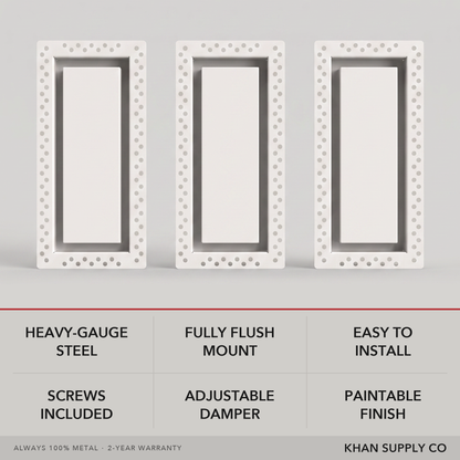 Flush wall vent features — heavy-gauge steel, fully flush mount, easy to install, screws included, adjustable damper, paintable finish — Khan Supply CO
