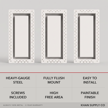 Flush wall vent features — heavy-gauge steel, fully flush mount, easy to install, screws included, high free area, paintable finish — Khan Supply CO