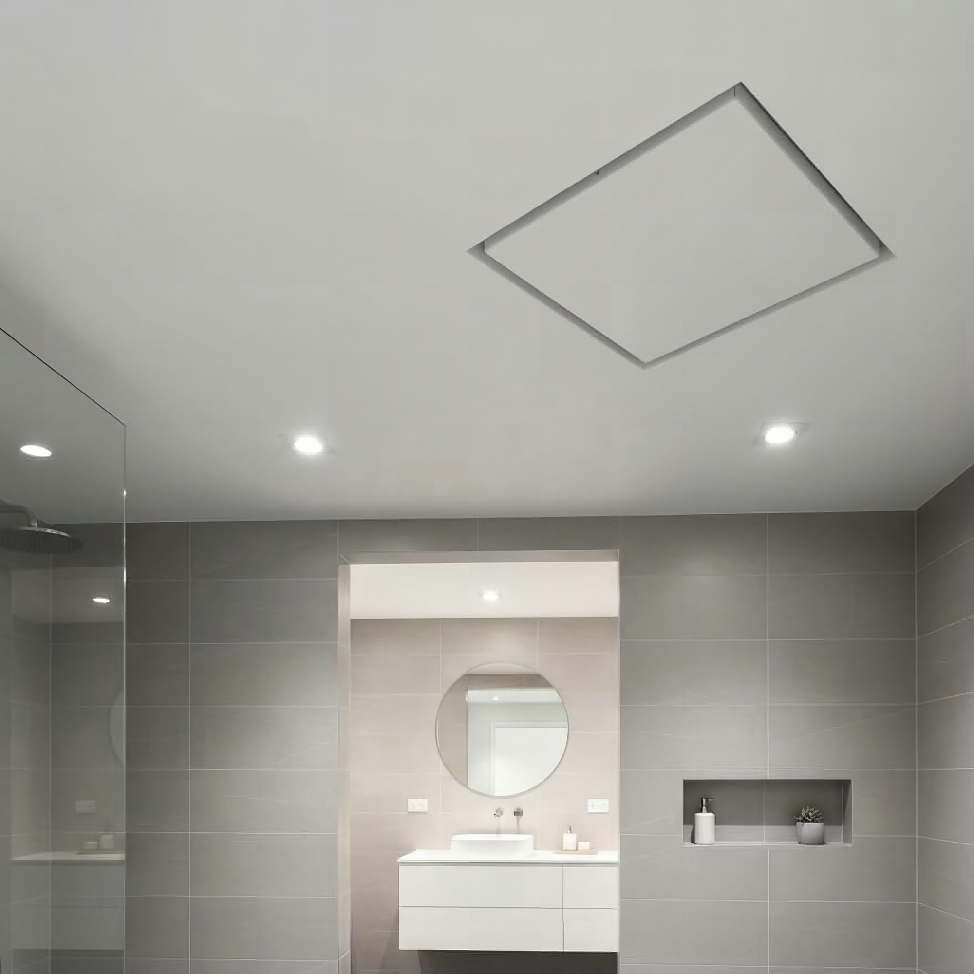 14x14 exhaust mount flush metal wall vent shown in a finished bathroom ceiling — Khan Supply CO