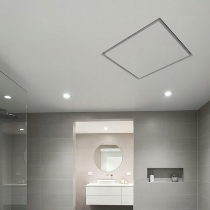 14x14 exhaust mount flush metal wall vent shown in a finished bathroom ceiling — Khan Supply CO