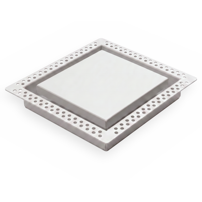 White 10x10 flush wall vent with mud-in perforated flange, shown at an angle — Khan Supply CO