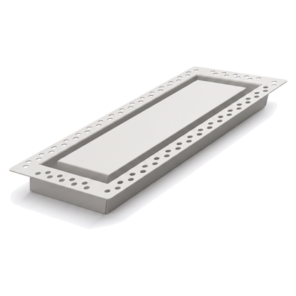 White 10x30.25 flush wall vent with mud-in perforated flange, shown at an angle — Khan Supply CO