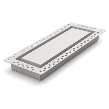 White 3x10 flush wall vent with mud-in perforated flange, shown at an angle — Khan Supply CO