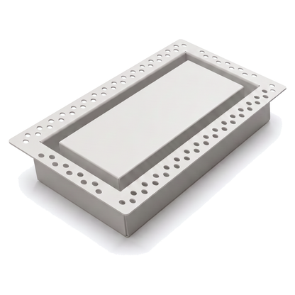 White 6x10 flush wall vent with mud-in perforated flange, shown at an angle — Khan Supply CO