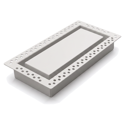 White 6x12 flush wall vent with mud-in perforated flange, shown at an angle — Khan Supply CO