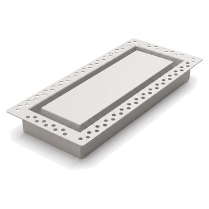 White 6x14 flush wall vent with mud-in perforated flange, shown at an angle — Khan Supply CO