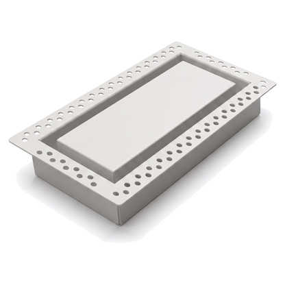 White 8x14.25 flush wall vent with mud-in perforated flange, shown at an angle — Khan Supply CO