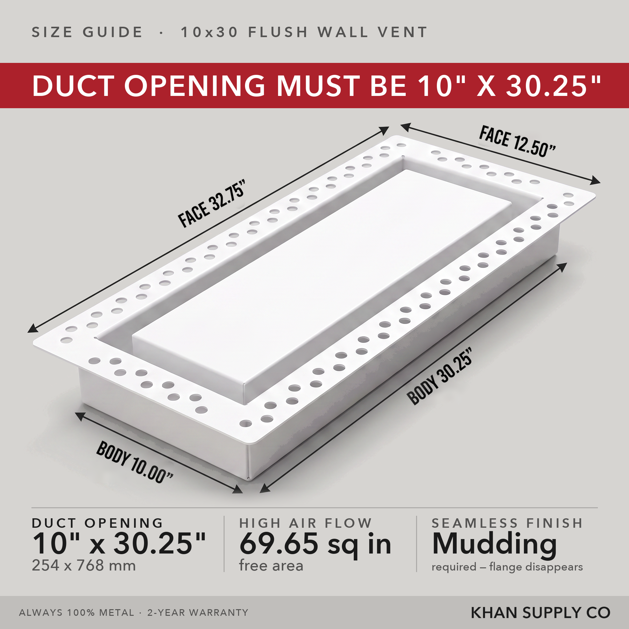 Size guide: 10x30.25 flush wall vent — mudding required so the flange disappears — Khan Supply CO