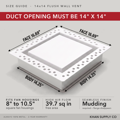 Size guide: 14x14 exhaust mount flush wall vent — mudding required so the flange disappears — Khan Supply CO