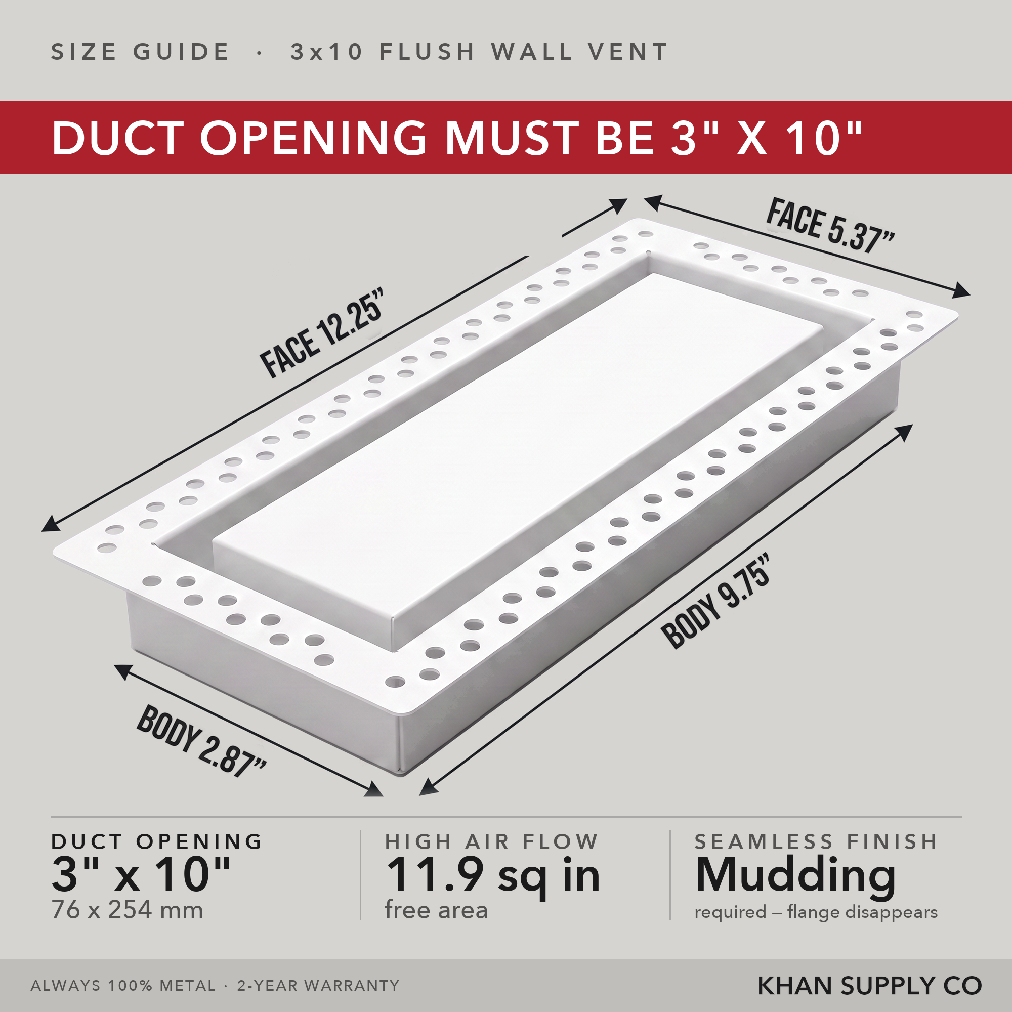 Size guide: 3x10 flush wall vent — mudding required so the flange disappears — Khan Supply CO