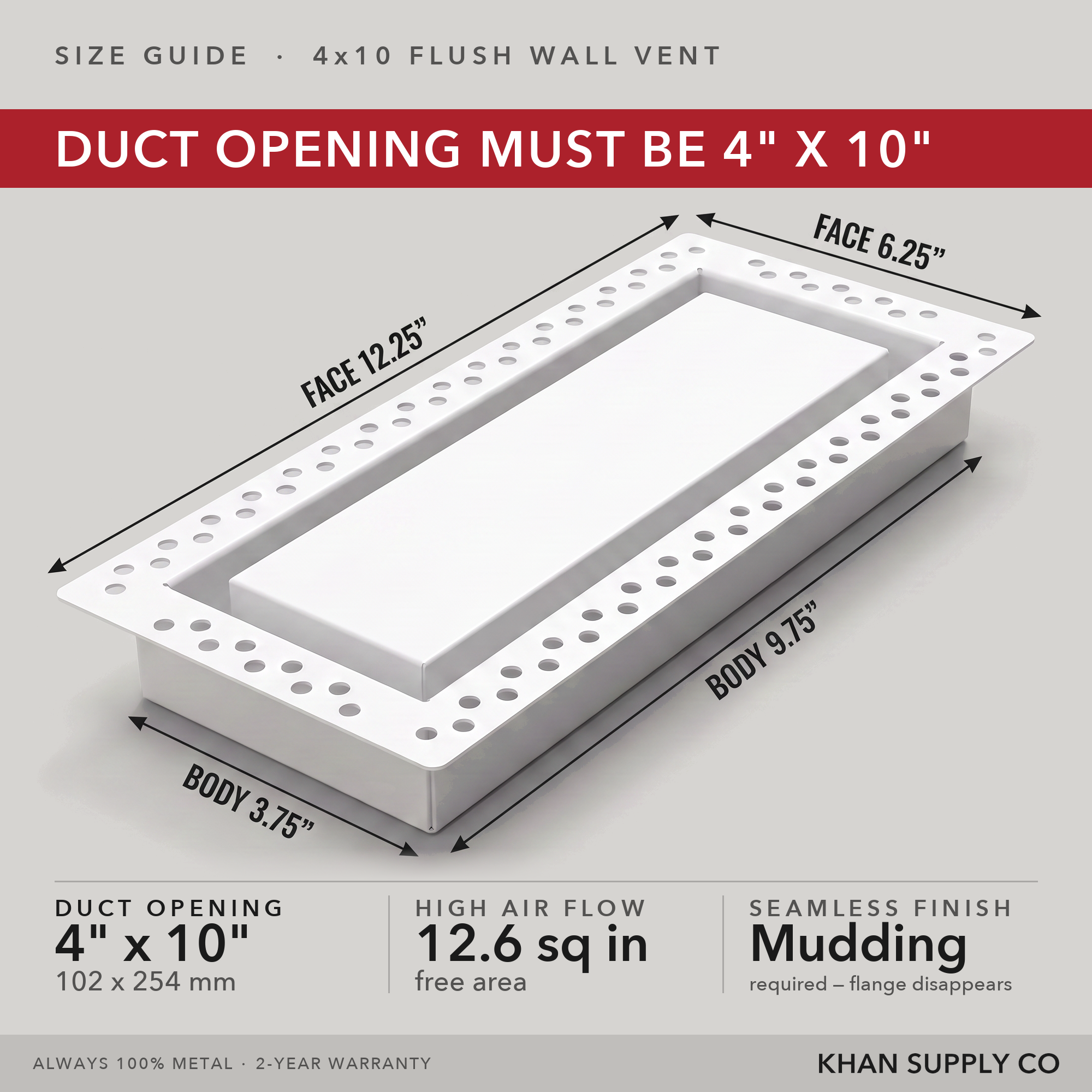 Size guide: 4x10 flush wall vent — mudding required so the flange disappears — Khan Supply CO