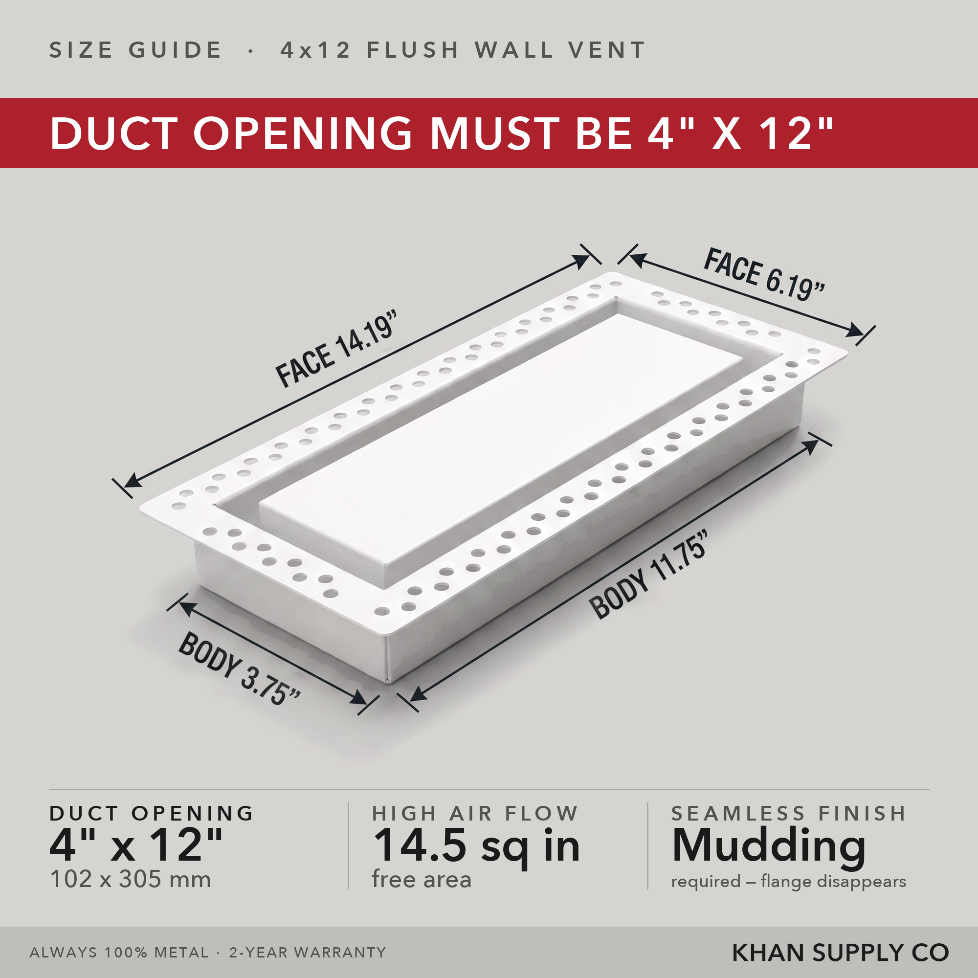 Size guide: 4x12 flush wall vent — mudding required so the flange disappears — Khan Supply CO