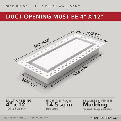 Size guide: 4x12 flush wall vent — mudding required so the flange disappears — Khan Supply CO