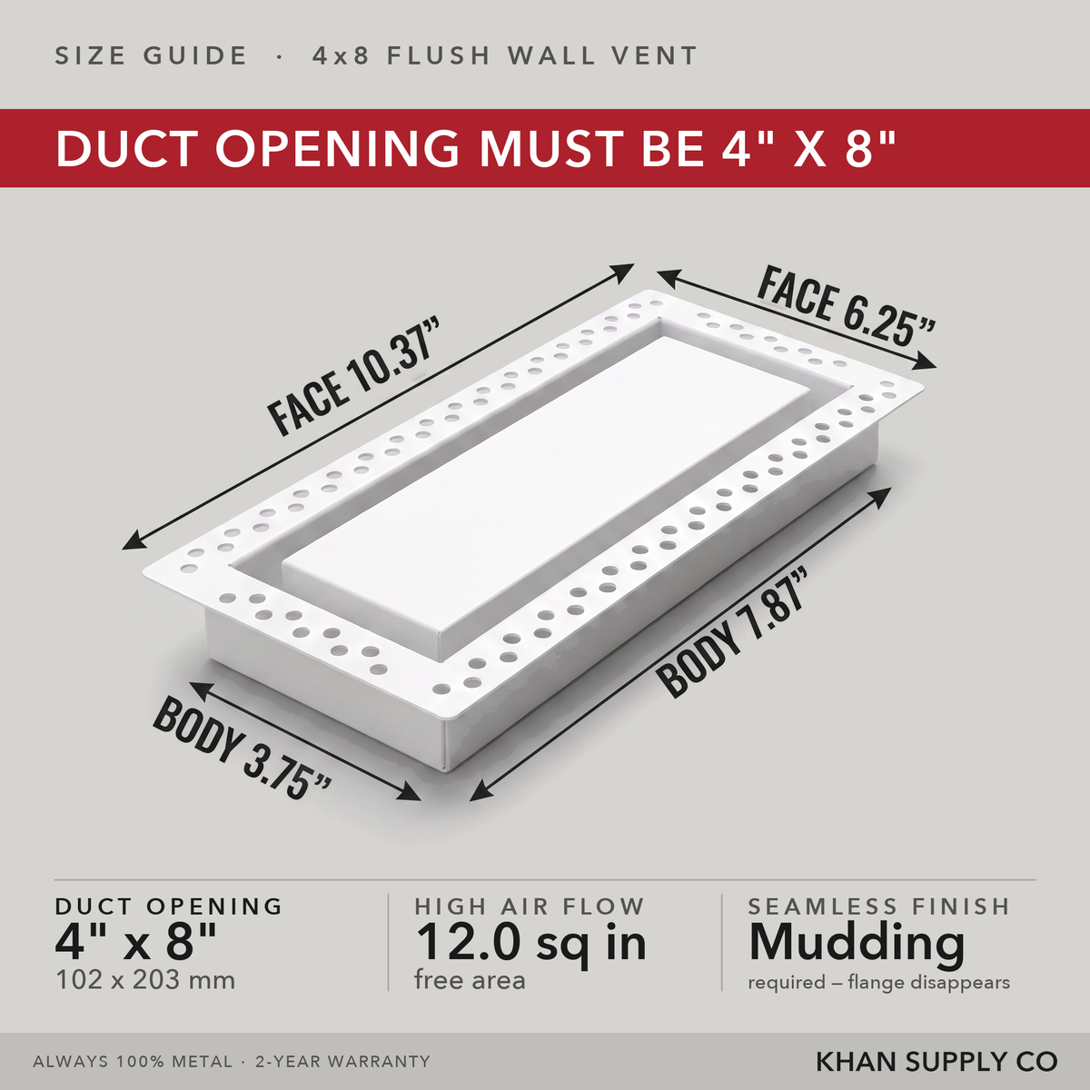 Size guide: 4x8 flush wall vent — mudding required so the flange disappears — Khan Supply CO