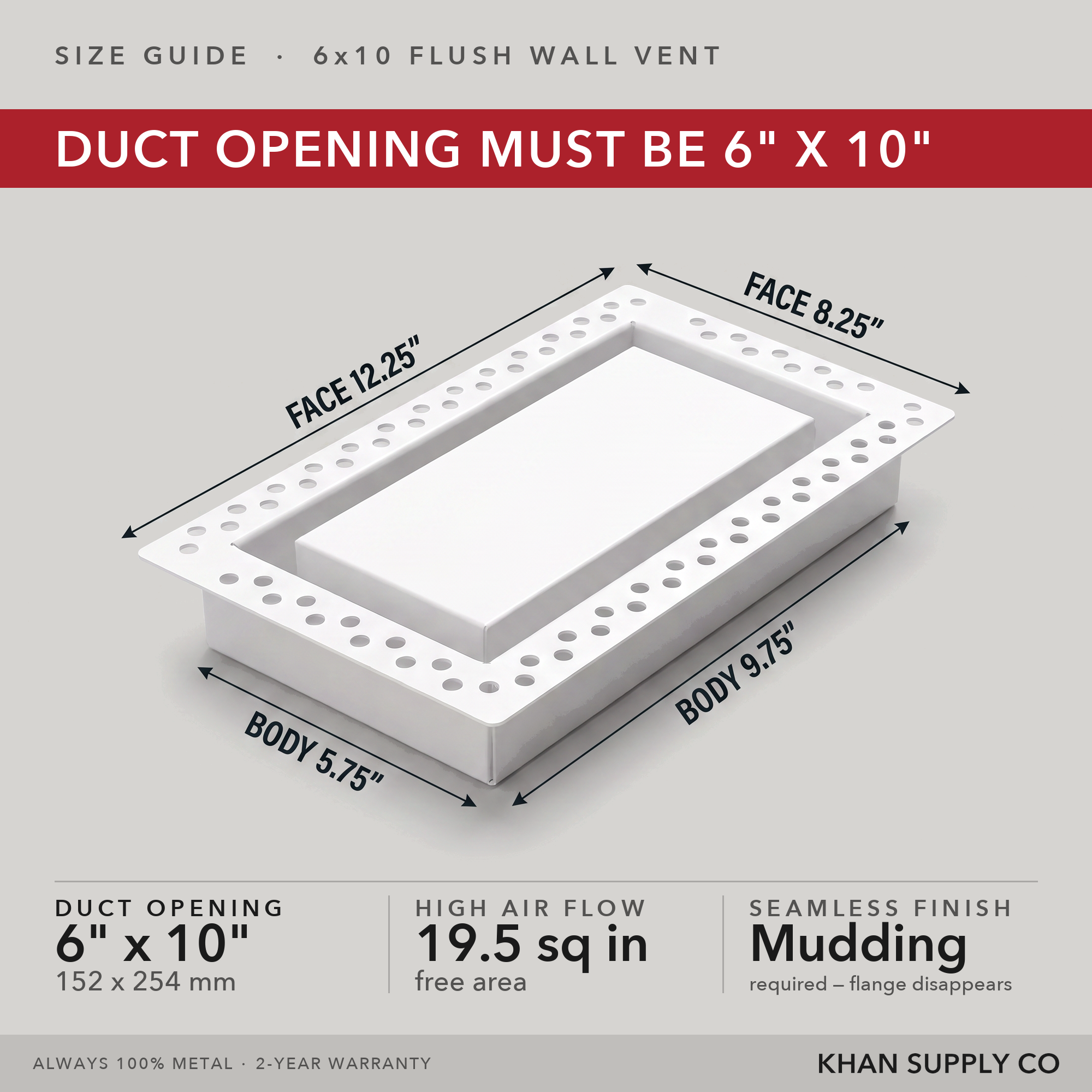 Size guide: 6x10 flush wall vent — mudding required so the flange disappears — Khan Supply CO