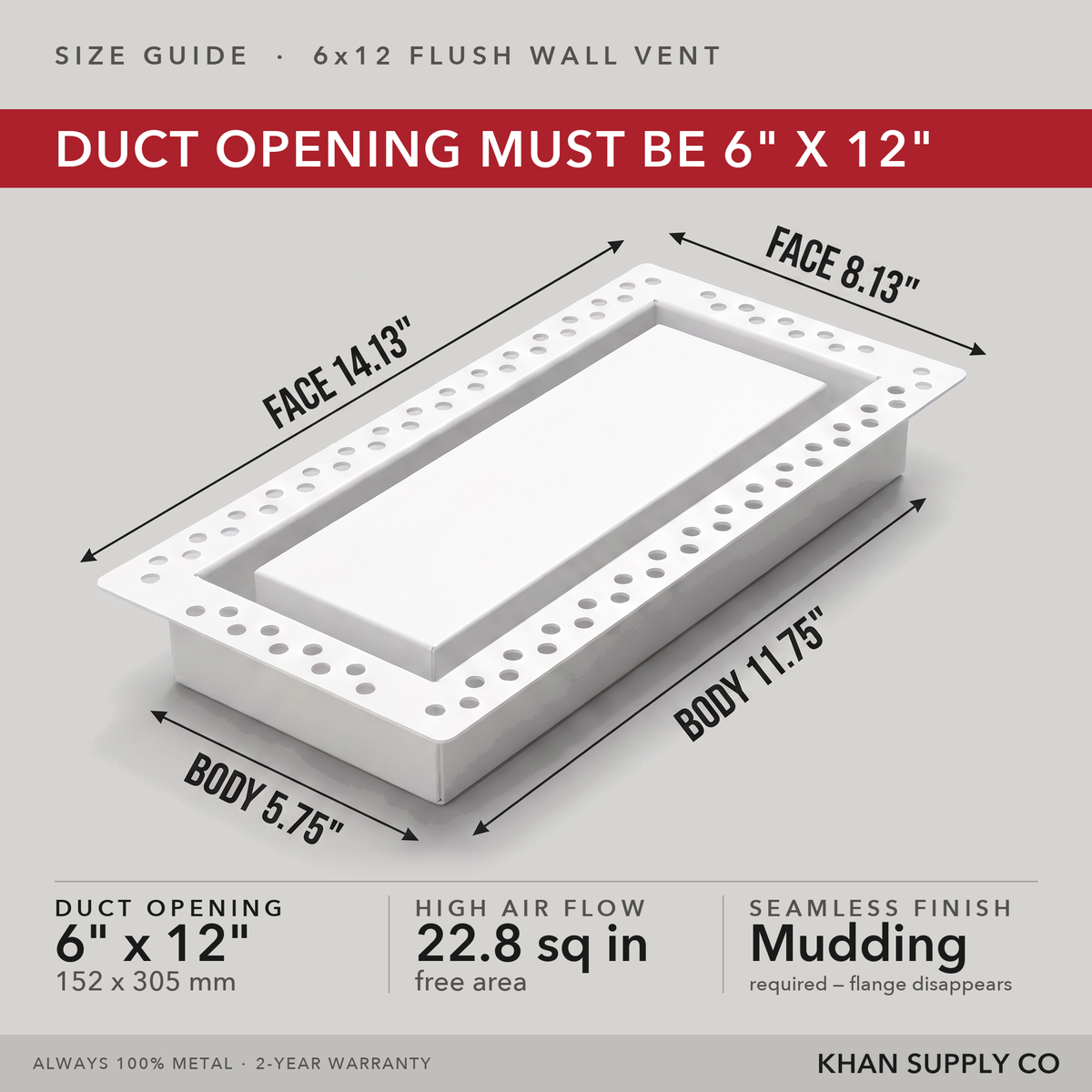 Size guide: 6x12 flush wall vent — mudding required so the flange disappears — Khan Supply CO