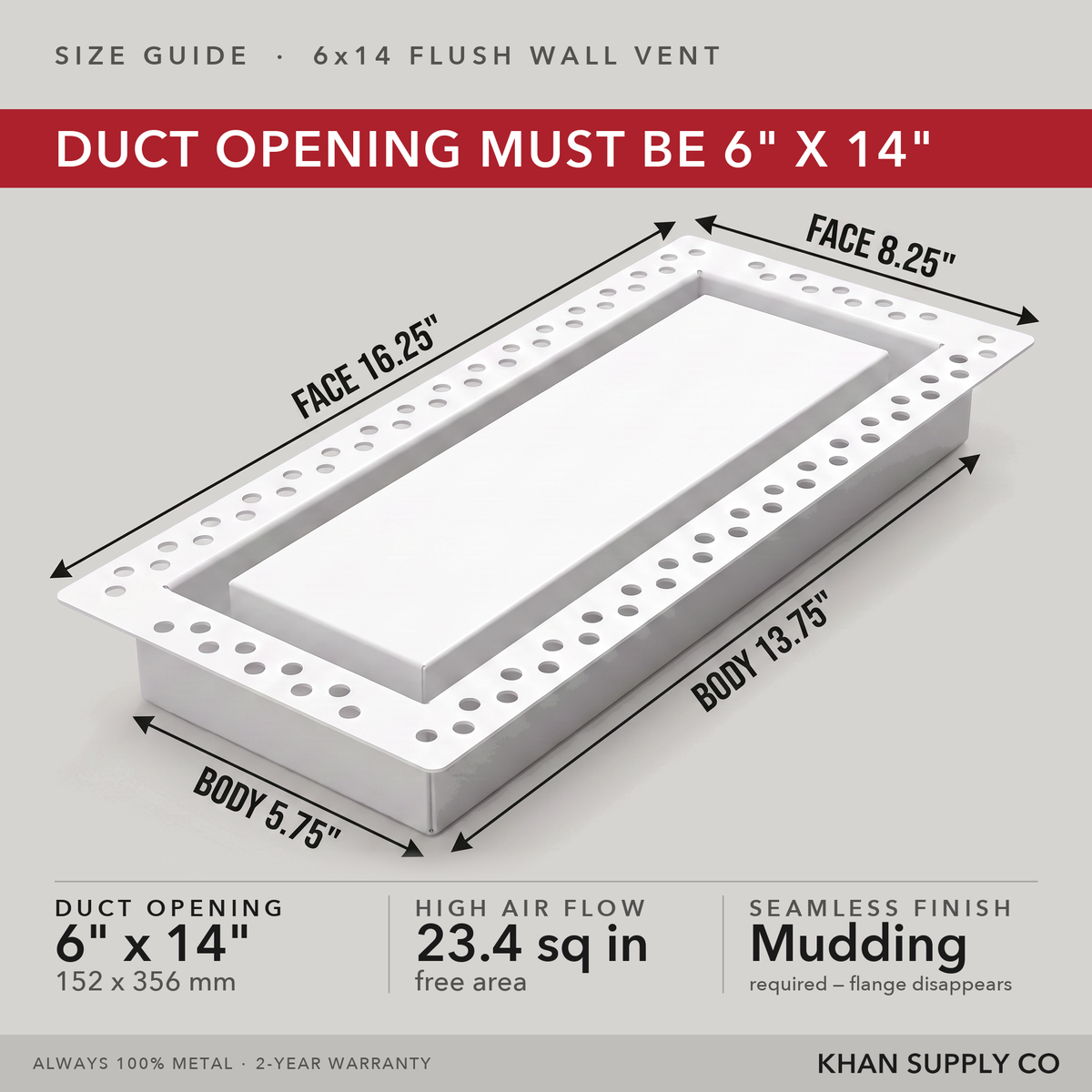 Size guide: 6x14 flush wall vent — mudding required so the flange disappears — Khan Supply CO
