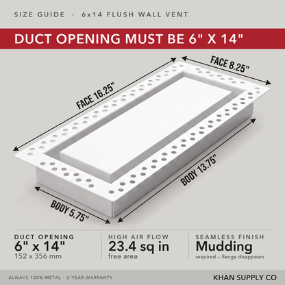 Size guide: 6x14 flush wall vent — mudding required so the flange disappears — Khan Supply CO