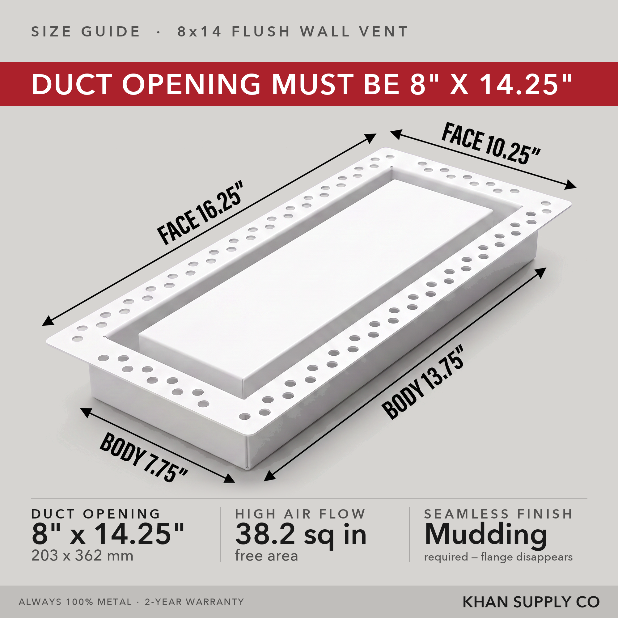 Size guide: 8x14.25 flush wall vent — mudding required so the flange disappears — Khan Supply CO