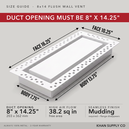 Size guide: 8x14.25 flush wall vent — mudding required so the flange disappears — Khan Supply CO