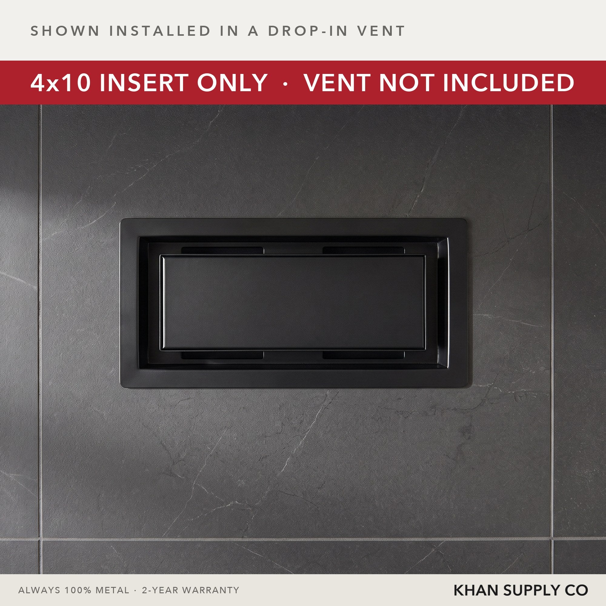 Matte black insert installed in a floor vent in a finished bathroom