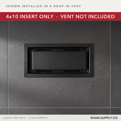Matte black insert installed in a floor vent in a finished bathroom
