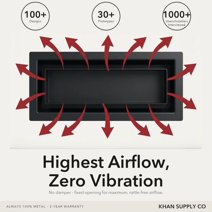 Upgraded 2-in-1 drop-in vent airflow diagram — highest airflow, zero vibration, no damper — Khan Supply CO