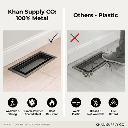 Khan Supply CO 100% metal vent versus a cracked plastic register — walkable, heat resistant, no fire hazard