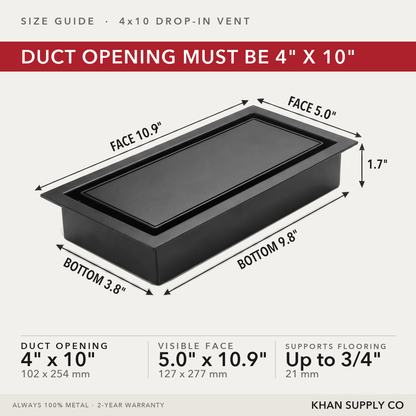 Size guide: 4x10 upgraded 2-in-1 drop-in vent — duct opening must be 4 by 10 inches, visible face 5.0 by 10.9 inches — Khan Supply CO