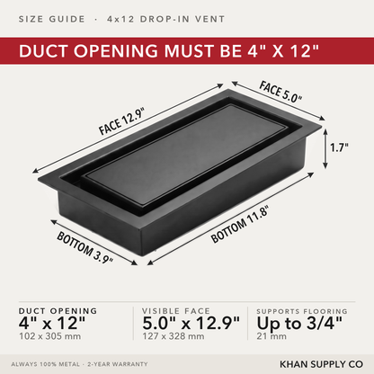 Size guide: 4x12 upgraded 2-in-1 drop-in vent — duct opening must be 4 by 12 inches — Khan Supply CO