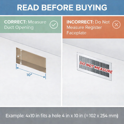 Flush wall vent - Instructional diagram showing correct and incorrect methods to measure duct opening with text 'Read Before Buying' - khan supply co